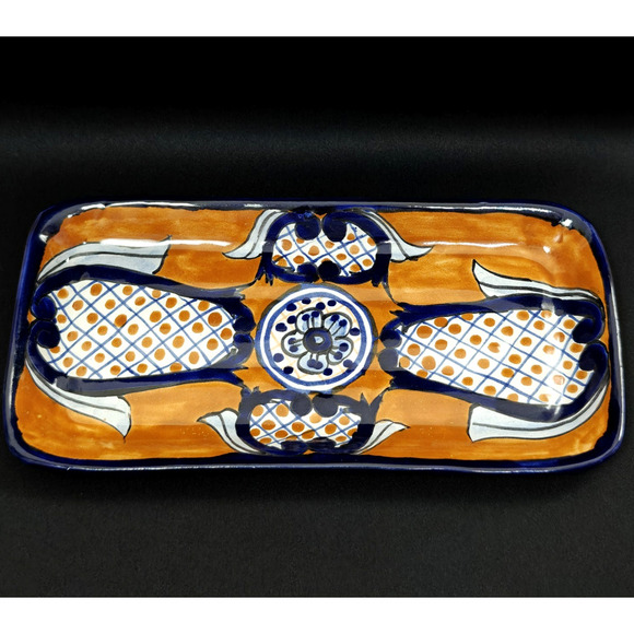 Mexico Talavera Pottery Serving Tray 12” x 6” Rectangle Lead Free Blue Dish - Picture 1 of 6